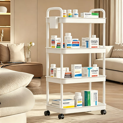 3/4/5-Tier Plastic Rolling Utility Cart with Handle, Multi-Functional Storage Trolley for Office, Living Room, Kitchen, Movable Storage Organizer with Wheels, White