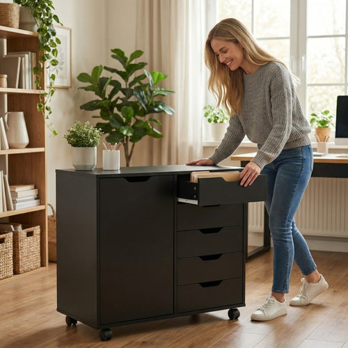 5-Drawer Office Storage Cabinet with Wheels & Printer Stand – Wooden Chest of Drawers with Adjustable Shelves & Locking Casters for Home Office, Black & White