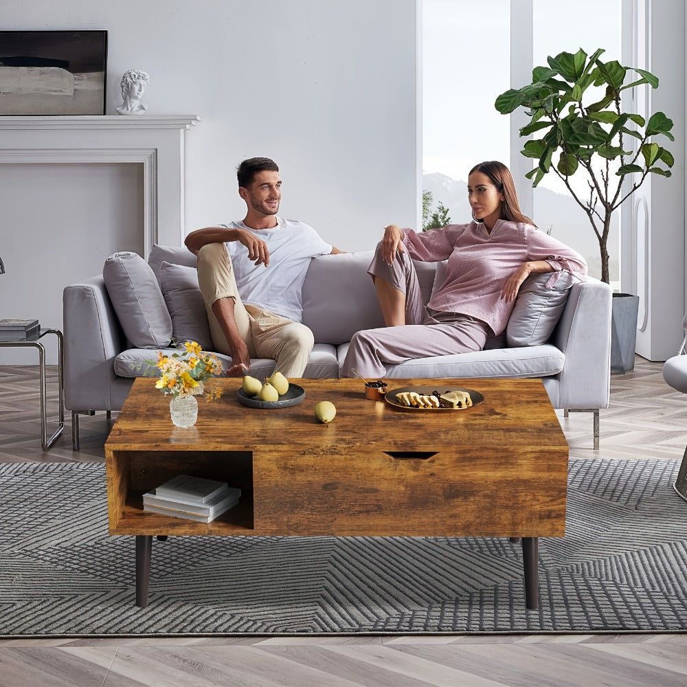 Lift Top Coffee Table with Storage Compartment & 2 Cubbies | Adjustable Height, Brown Wood, Metal Frame, Contemporary Style, Easy Assembly | OLIXIS
