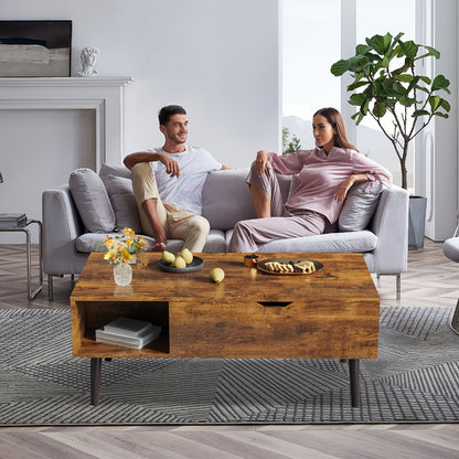 Lift Top Coffee Table with Storage Compartment & 2 Cubbies | Adjustable Height, Brown Wood, Metal Frame, Contemporary Style, Easy Assembly | OLIXIS