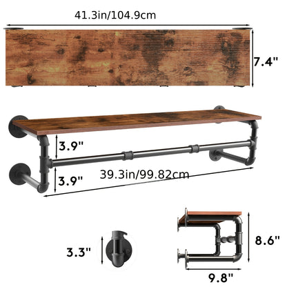 AESOME 39.3''L Industrial Pipe Clothes Rack with Top Shelf And 3 Hooks Wall Mounted Garment Rack Heavy Duty Detachable Multi-Purpose Hanging Rod for Closet Storage