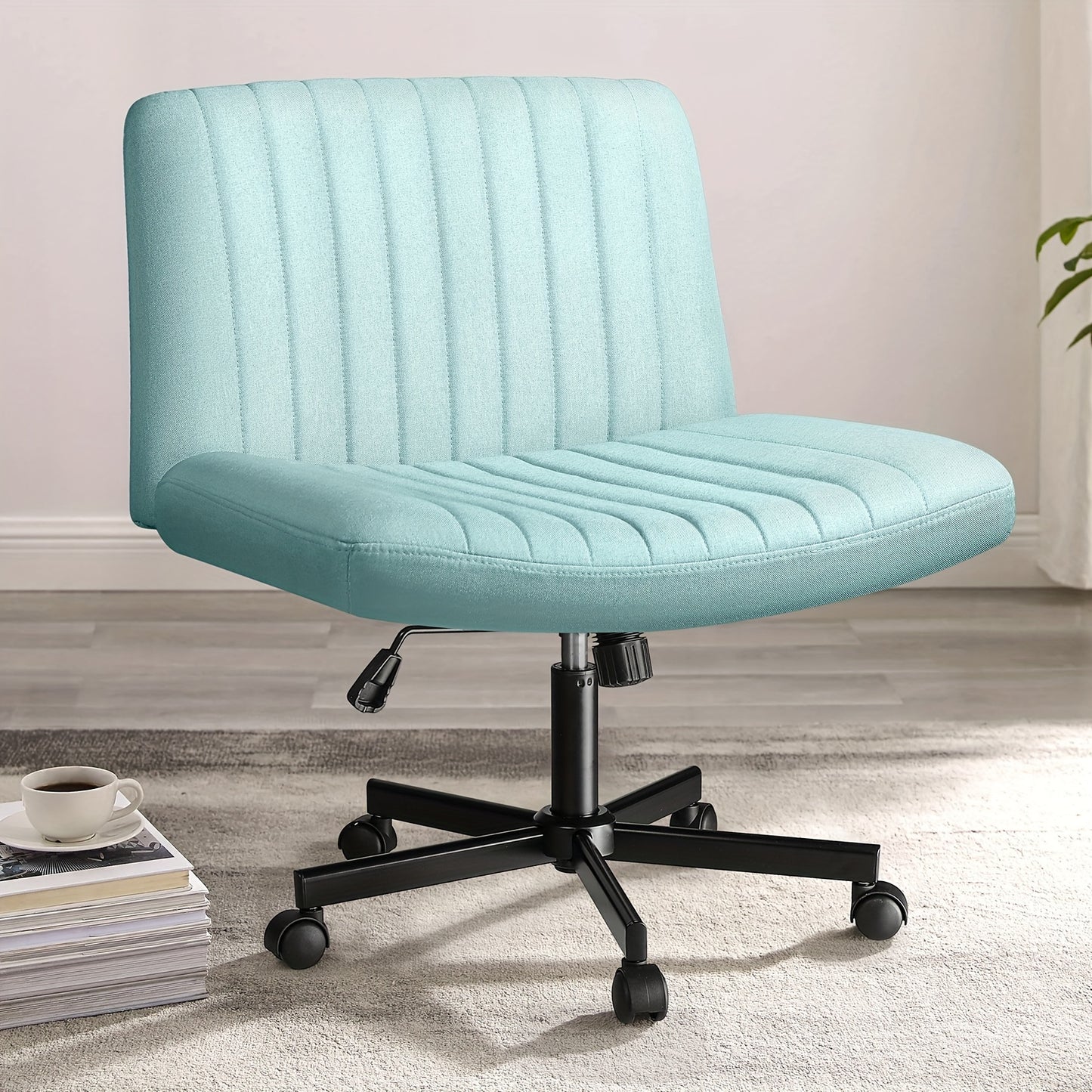 Criss Cross Chair with Wheels, Fabric Padded Armless Cross Legged Office Desk Chair for Home Office, Modern Swivel Height Adjustable Wide Seat Computer Task Vanity Chair