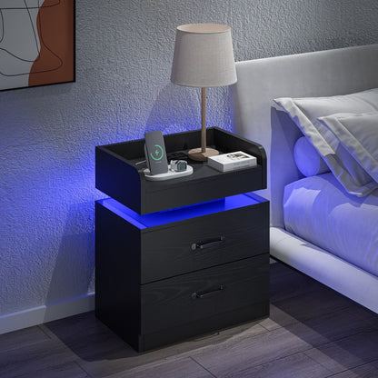 Nightstand with LED Lights & Charging Station – 2 Drawers Bedside Table, Modern End Table for Bedroom Living Room, White Black Grey, 1pc or 2pcs Set