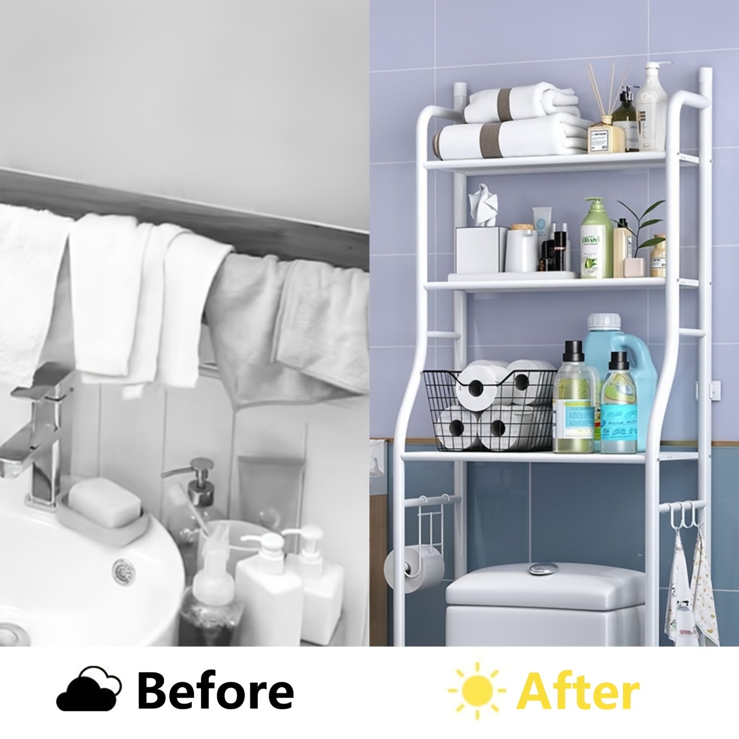 1pc Space-Saving Over The Toilet Storage Shelf, 3-Tier Freestanding Metal Frame Over-The-Toilet Storage Cabinet with Roll Paper Holder And Hooks, Easy Assembly No Drilling Required, for Toilet Washing Machine Small Bathrooms, White/Black