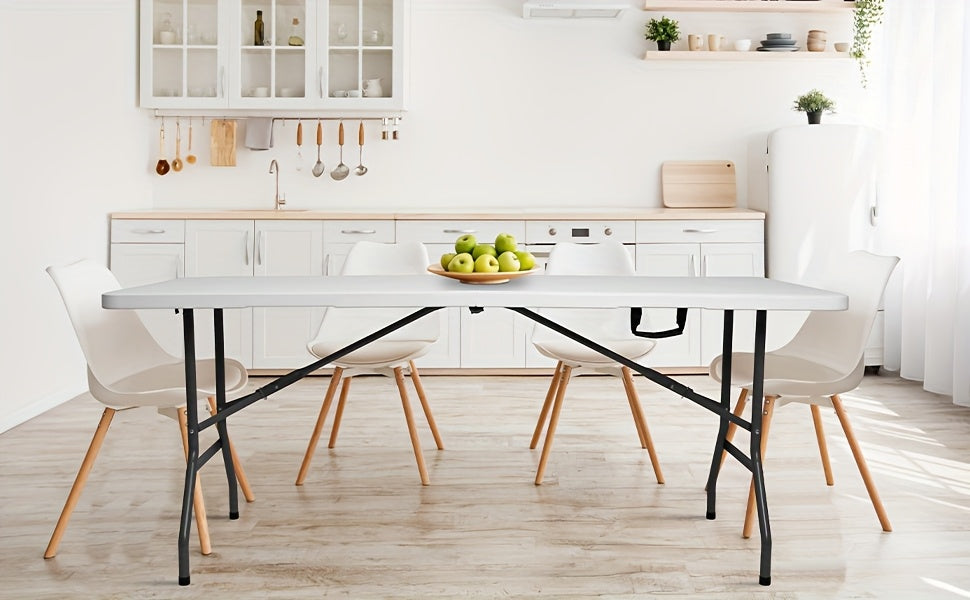 4ft/6ft Plastic Folding Table, Portable Dining Table Indoor Outdoor with Carrying Handle, Locks, Picnic Table -White