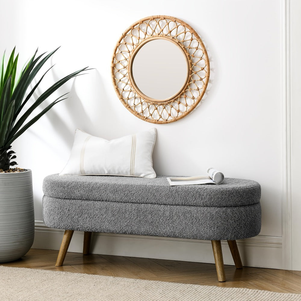 Oval Storage Bench with Linen Upholstery and Solid Wood Legs - Perfect for Hallway, Bedroom, or Living Room Organization