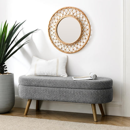 Oval Storage Bench with Linen Upholstery and Solid Wood Legs - Perfect for Hallway, Bedroom, or Living Room Organization
