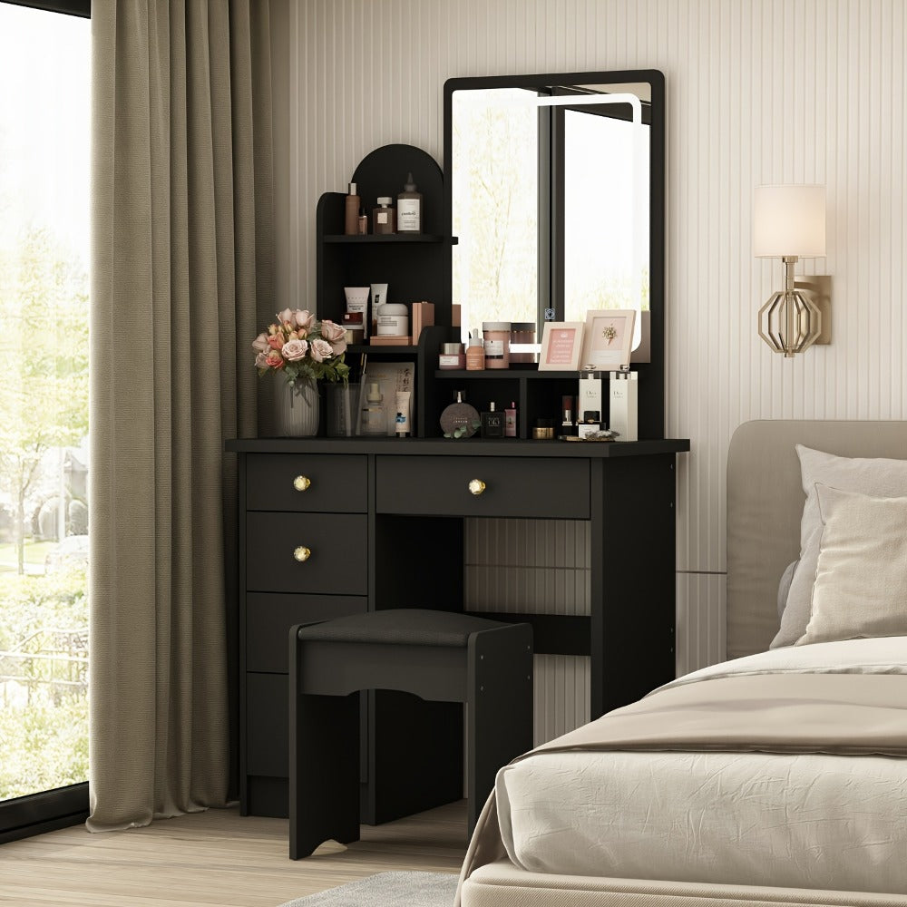 Vanity Desk Set with Large Mirror 5 Drawers Cushioned Stool and Storage Shelves 55 Inch Tall 70 Lbs Capacity Makeup Dressing Table with LED Light Option White Black