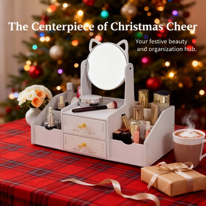 A Stylish White Dressing Table with a Rotating Makeup Mirror, Featuring Drawers And Shelves for Elegant Storage of Cosmetics, Perfect for The Bathroom, Living Room, Or Bedroom, Making It an Ideal Holiday Gift