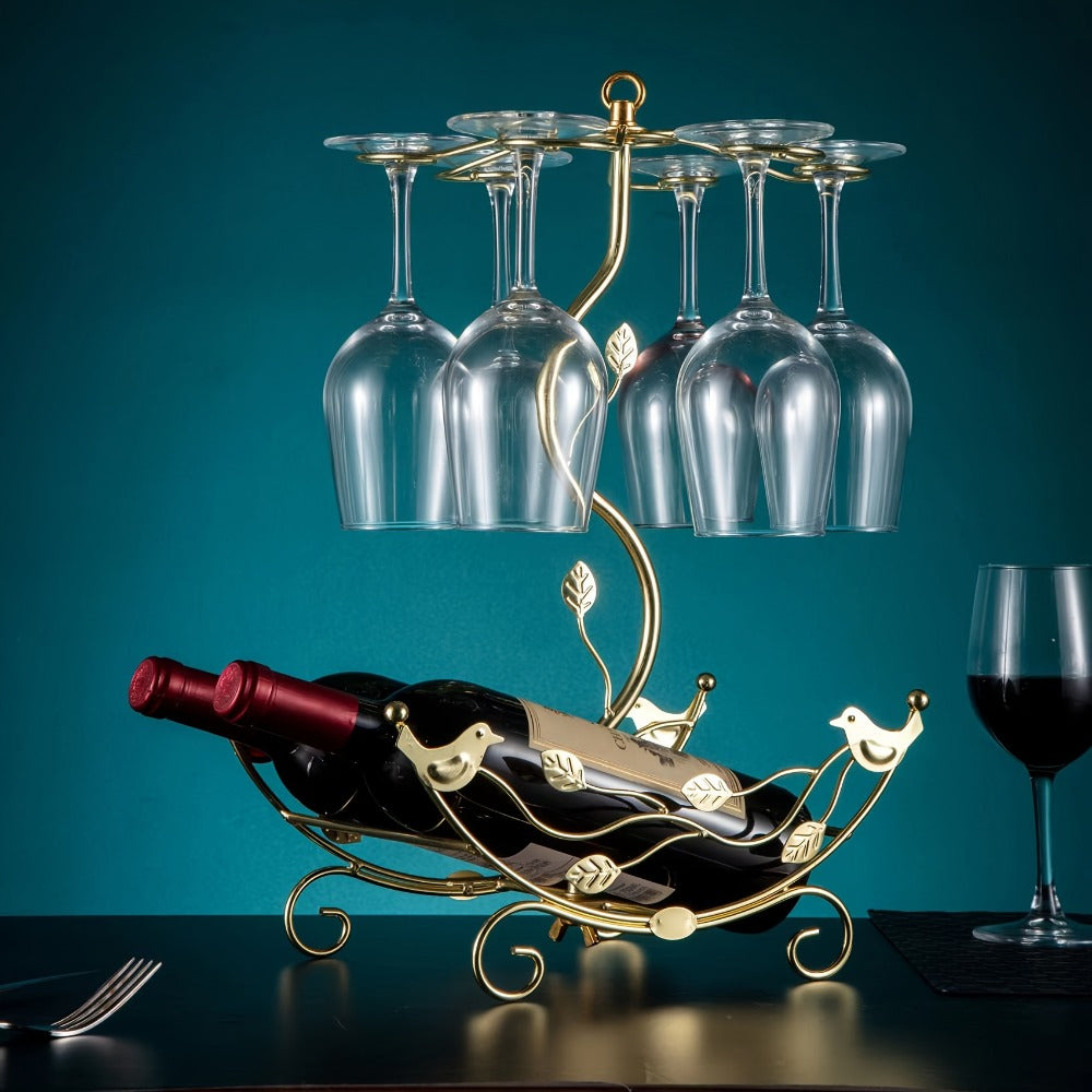 Nautical Boat Wine Rack with Glass Holder – Holds 2 Bottles & 6 Glasses, Iron Countertop Wine Rack for Kitchen Dining Room Bar, Decorative Bird Leaf Motif