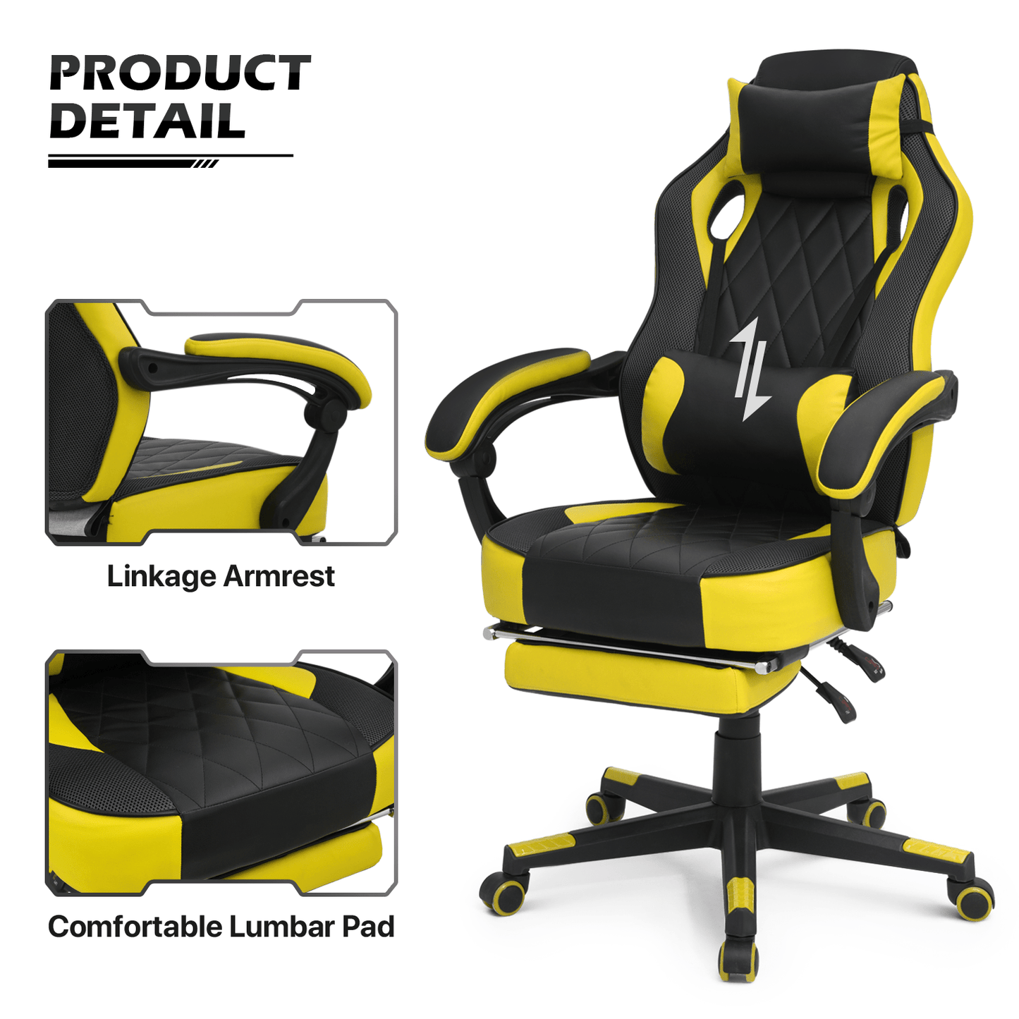 Ergonomic Gaming Chair with Retractable Footrest & Detachable Lumbar Support 360 Degree Swivel Racing Style PU Leather Computer Gaming Chair with Headrest for Home Bedroom Office