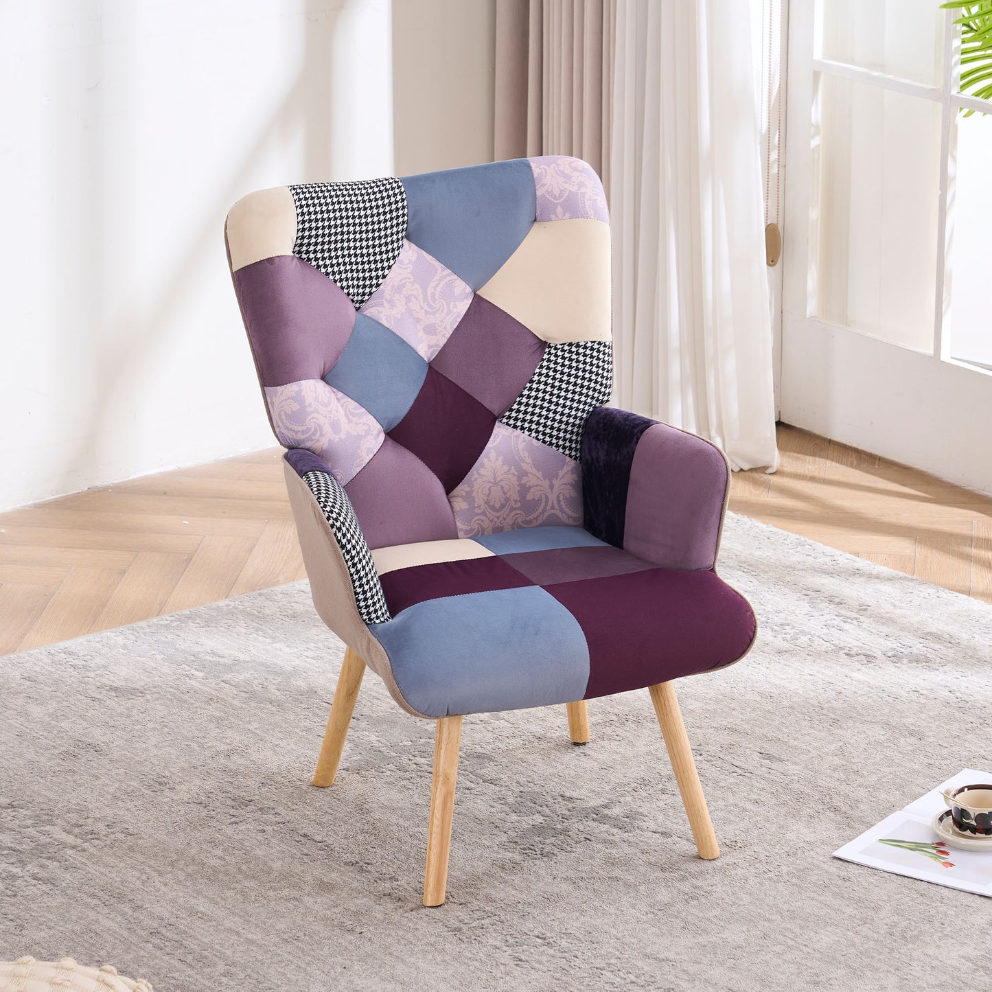 Patchwork Accent Chair High Back Armchair with Memory Foam Cushion & Hardwood Legs – 330 lbs Capacity Linen Upholstered Reading Chair for Living Room Bedroom Home Office, 6 Colors