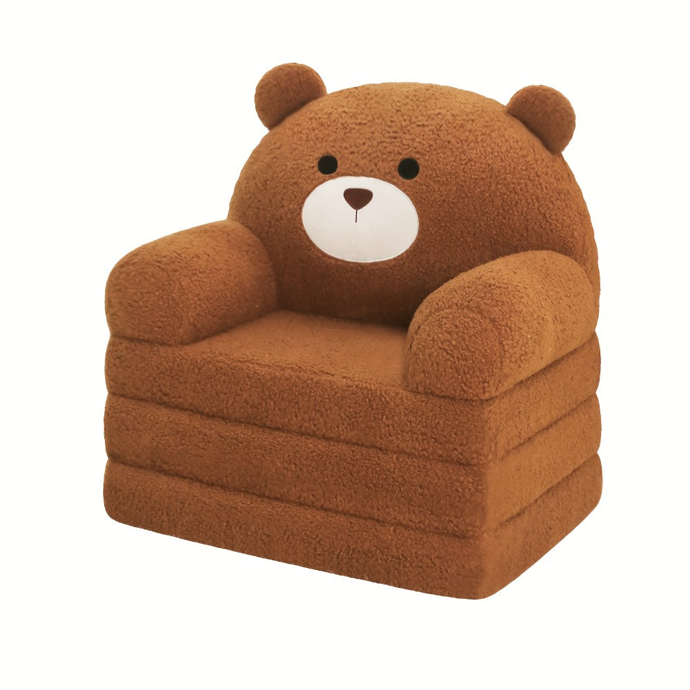 Cute Teddy Bear Kids Foldable Sofa 2-In-1 Fold Out Couch Soft Polar Fleece Chair High-Density Foam PP Cotton Lounger for Playroom Boys Girls Room Decor