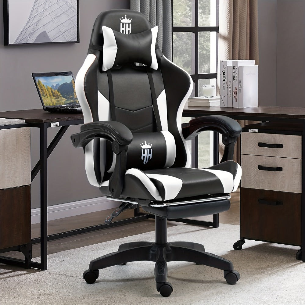 Gaming Chair with Footrest and Lumbar Support – Ergonomic Computer Chair with Swivel Seat, Adjustable Height, Headrest & Reclining Backrest for Home Office