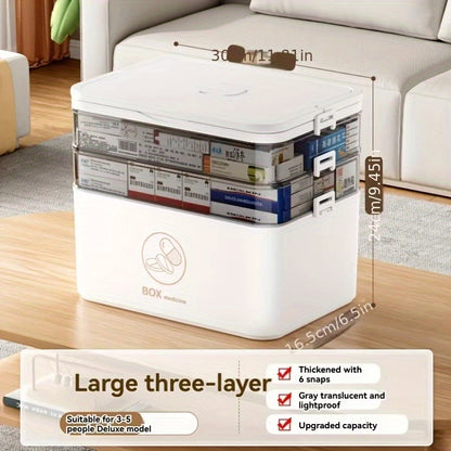 Medicine Storage Box Multi-Layer Large Capacity with Portable Pill Box, Adjustable Dividers, Moisture-Proof Cover & Safety Handle, Home Bathroom Travel Pill Organizer for Vitamins and Supplements (White)