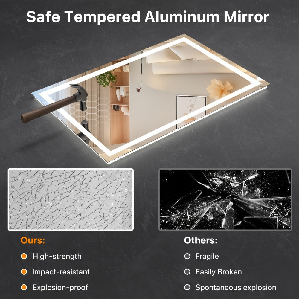 LED Bathroom Mirror 24x36 Inch with Front & Backlight Anti-Fog Dimmable, 3 Color Temperatures Memory Function Shatter-Proof Tempered Glass Vanity Wall Mirror Horizontal Vertical