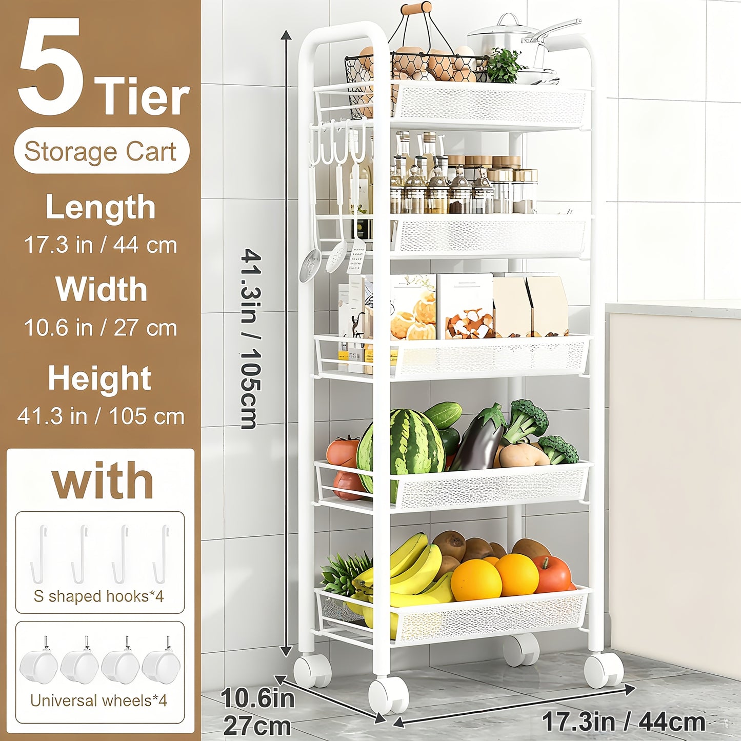 1pc 3/4/5 Tier Swivel Kitchen Storage Cart - Durable Carbon Steel Storage Rack with 360 Degree Swivel Wheels And Mesh Basket, Space-Saving Storage Trolley for Home, Office, Bathroom, Kitchen, Living Room Multifunctional Shelf