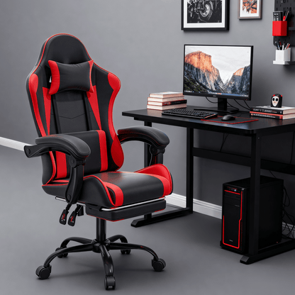 Ergonomic Gaming Chair with Retractable Footrest & Detachable Lumbar Support 360 Degree Swivel Racing Style PU Leather Computer Gaming Chair with Headrest for Home Bedroom Office