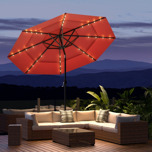 3-Tier Vented Patio Umbrella 9ft 10ft 11ft with 8 Strong Ribs Push-Button Tilt, 180GSM Yarn-Dyed Fabric Market Table Umbrella for Patio Garden Pool Hotel Party – Burgundy & Navy Blue