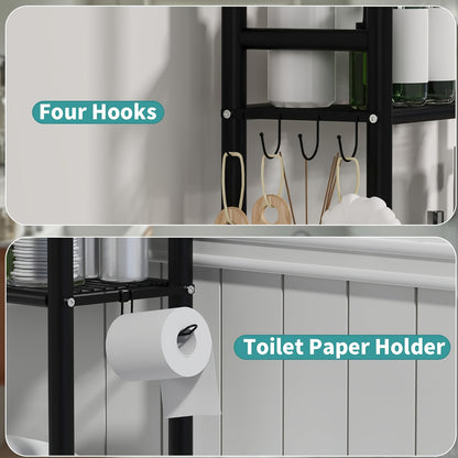 Three-Tier Storage Shelf Designed to Fit Over The Toilet, This Metal Organizer Helps Save Space in Bathrooms And Includes Four Hooks. It Can Also Be Used in Kitchens And Laundry Rooms, Providing a Freestanding Solution Without The Need for Drilling