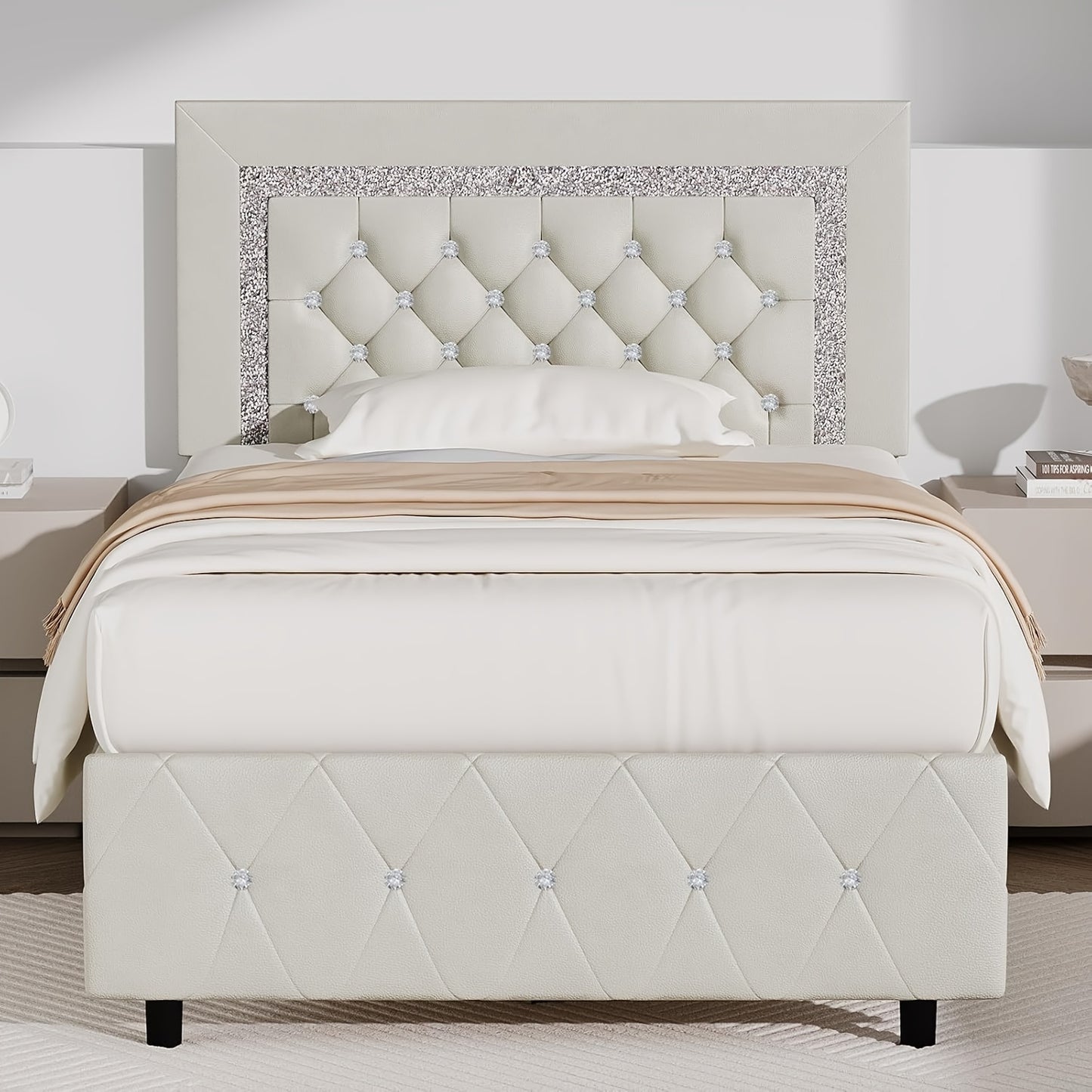 Upholstered Platform Bed Frame with Button-Tufted Diamond Headboard – Wooden Slats, No Box Spring Needed, Twin Full Queen King, Black White Pink Green Gray Beige