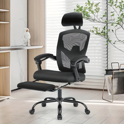 Ergonomic Office Chair With Footrest, Computer Desk Chair For Adults, High Back Mesh Rolling Swivel Reclining Chairs With Wheels Headrest Armrest