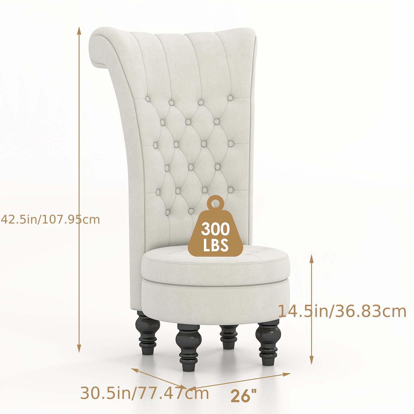 Royal High Back Chair, Velvet Armless Accent Chair with Button-Tufted & Rubberwood Legs, Regal Elegance Throne Chair for Living Room, Dressing Room, Bedroom