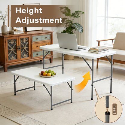 Folding Table 2.5/4/6FT Portable Heavy Duty Plastic Fold-in-Half Utility Table Portable Dining Table Indoor Outdoor Adjustable Height Folding with Carrying Handle, Locks, Camping and Party, Picnic Table -White/Black
