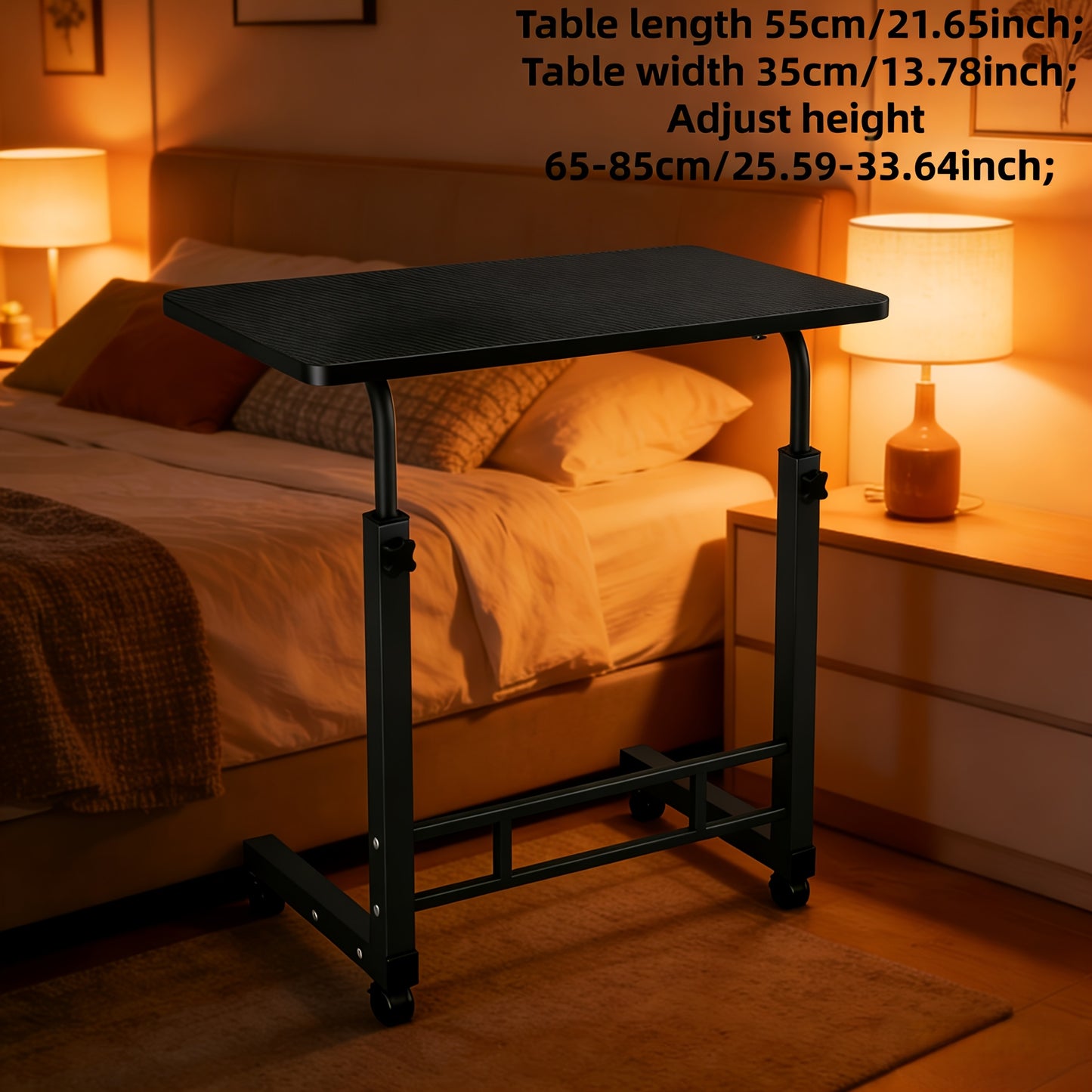 Over-Bed Table with 2-Tier Storage Rack Rolling Mobile Bedside Table for Sofa Bed Laptop Snacks Metal Frame Smooth Wheels Space-Saving Nightstand