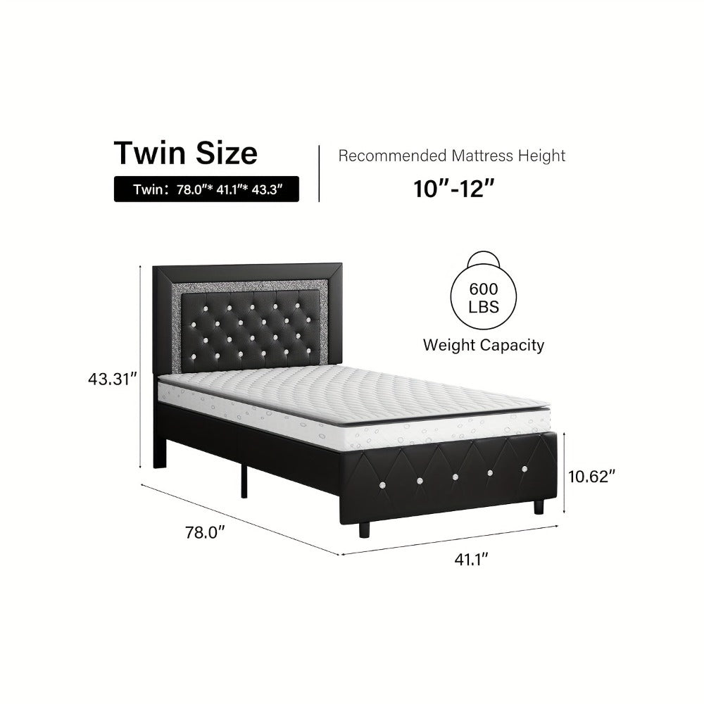 Upholstered Bed Frame with Diamond Tufted Headboard, Faux Leather Headboard and Footboard, Wooden Slat Support, No Box Spring Needed, Easy Assembly, Twin Full Queen King, Black