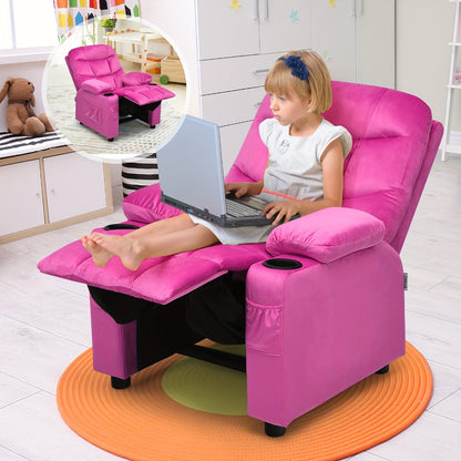 Girls' Pink Velvet Recliner Chair with Cup Holder & Storage Pocket - Heavy-Duty 300lb Capacity, Ergonomic Backrest & Armrests, Manual Recliner with Safety Belt - Modern Soft Cushioned Lounge Chair for Kids & Teens, Easy Assembly, Ideal for Bedroom, Living