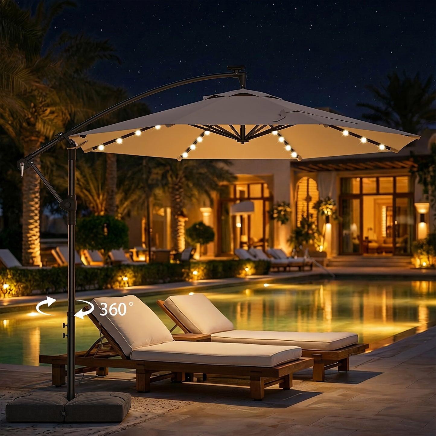 360 Degree Rotation 10Ft Solar Patio Umbrella with Base Included, Offset Cantilever Outdoor Umbrella with 32 LED Lights, Offering UPF50+ UV Protection, 8 Sturdy Ribs, for Outdoor, Pool, Deck And Garden