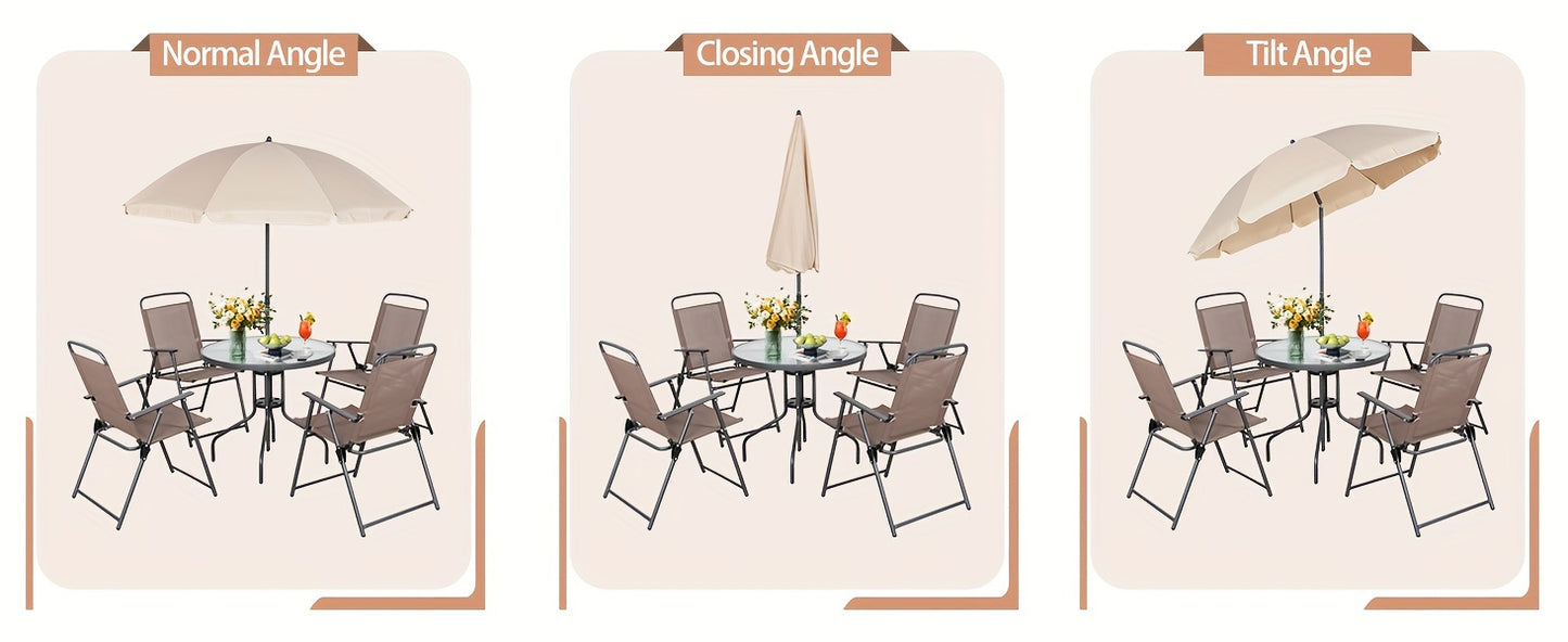 [6pcs Folding Patio Set] JY QAQA 6pcs Folding Patio Dining Set, All-Weather Small Metal Outdoor Table And Chair Set, Garden Patio Furniture Set W/Umbrella, Glass Table And 4 Folding Chairs for Lawn, Deck, Backyard