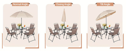 [6pcs Folding Patio Set] JY QAQA 6pcs Folding Patio Dining Set, All-Weather Small Metal Outdoor Table And Chair Set, Garden Patio Furniture Set W/Umbrella, Glass Table And 4 Folding Chairs for Lawn, Deck, Backyard