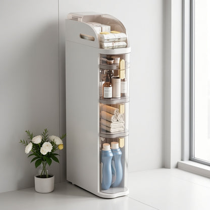 4-Tiers Slim Bathroom Storage Cabinet With Drawers & Tissue Box, Plastic Narrow Rolling Bathroom Tower Cart & No Installation For Small Spaces Kitchen Living Room