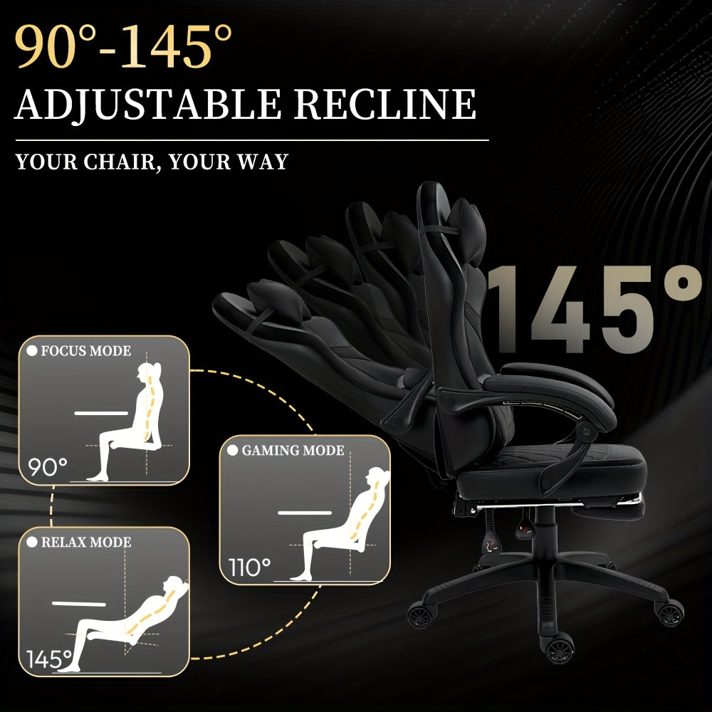 Ergonomic Gaming Chair with Pocketed Spring Cushion And Massage Lumbar Support - High Back Office Chair with Adjustable Footrest, 300LBS Load Capacity, Premium Black Adult PU for Ultimate Comfort!
