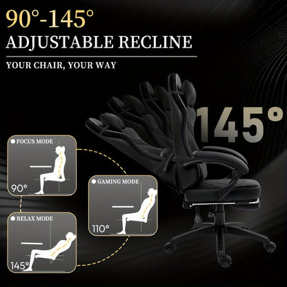 Ergonomic Gaming Chair with Pocketed Spring Cushion And Massage Lumbar Support - High Back Office Chair with Adjustable Footrest, 300LBS Load Capacity, Premium Black Adult PU for Ultimate Comfort!