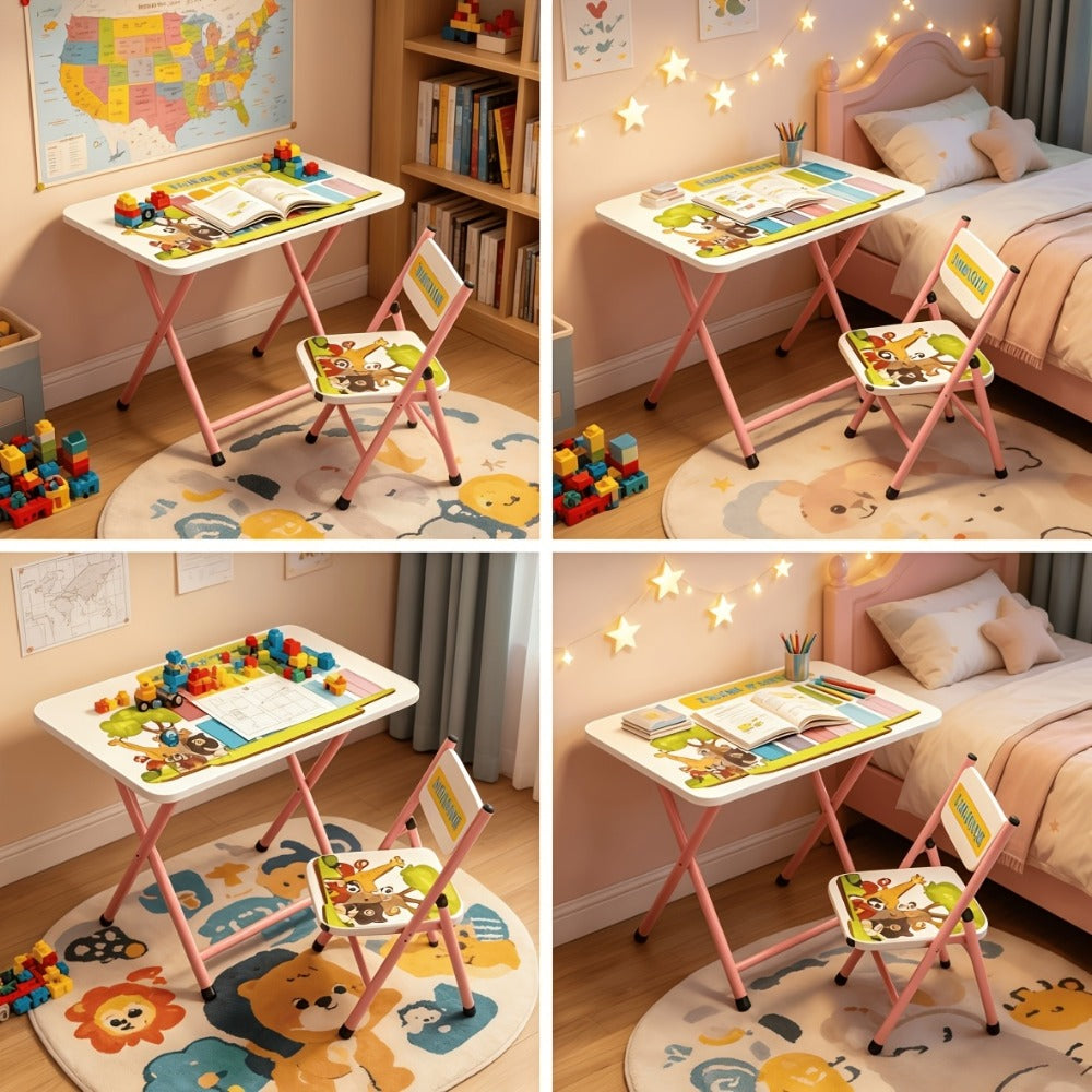 Foldable Kids Table and Chair Set with Cute Patterns, Sturdy Metal Frame Children's Activity Desk for Writing Drawing Playtime, Toddler Table Set for Home Playroom Classroom