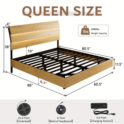 Floating Heavy-Duty Bed Frame with Charging Station and LED Lighting for Bedroom detail image - detail view 8