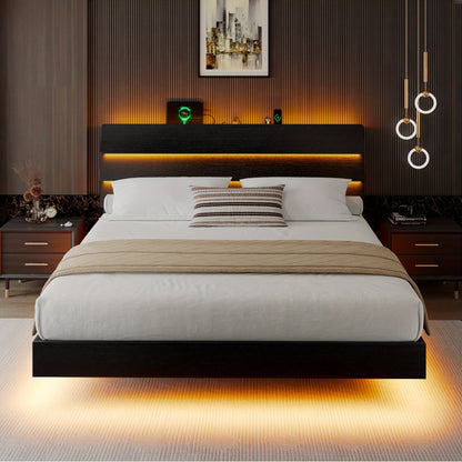 Floating Heavy-Duty Bed Frame with Charging Station and LED Lighting for Bedroom detail image - detail view 9