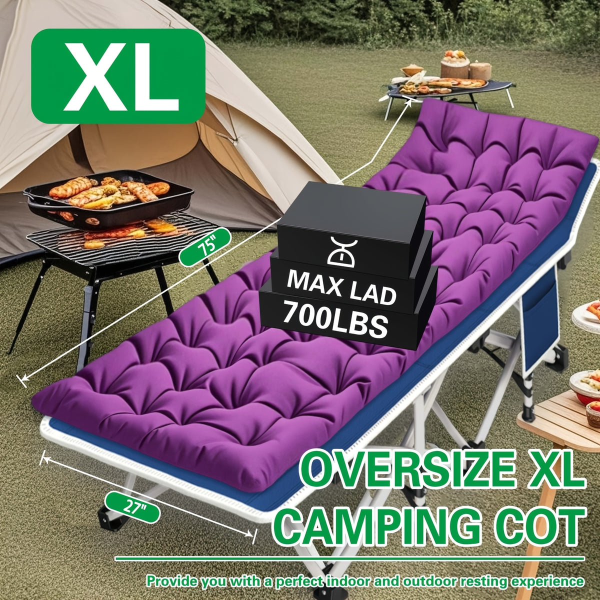 Camping Cot shown in the Purple cot 700 Lbs option