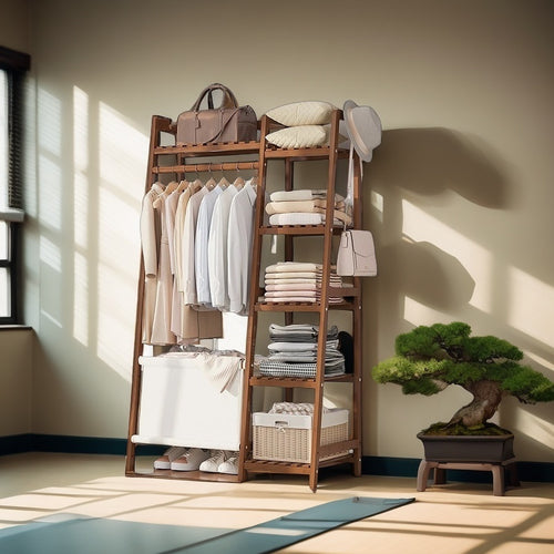 Clothes Rack, Bamboo with Shelves & Hat Hooks - Freestanding Wardrobe Organizer shown in the main product view