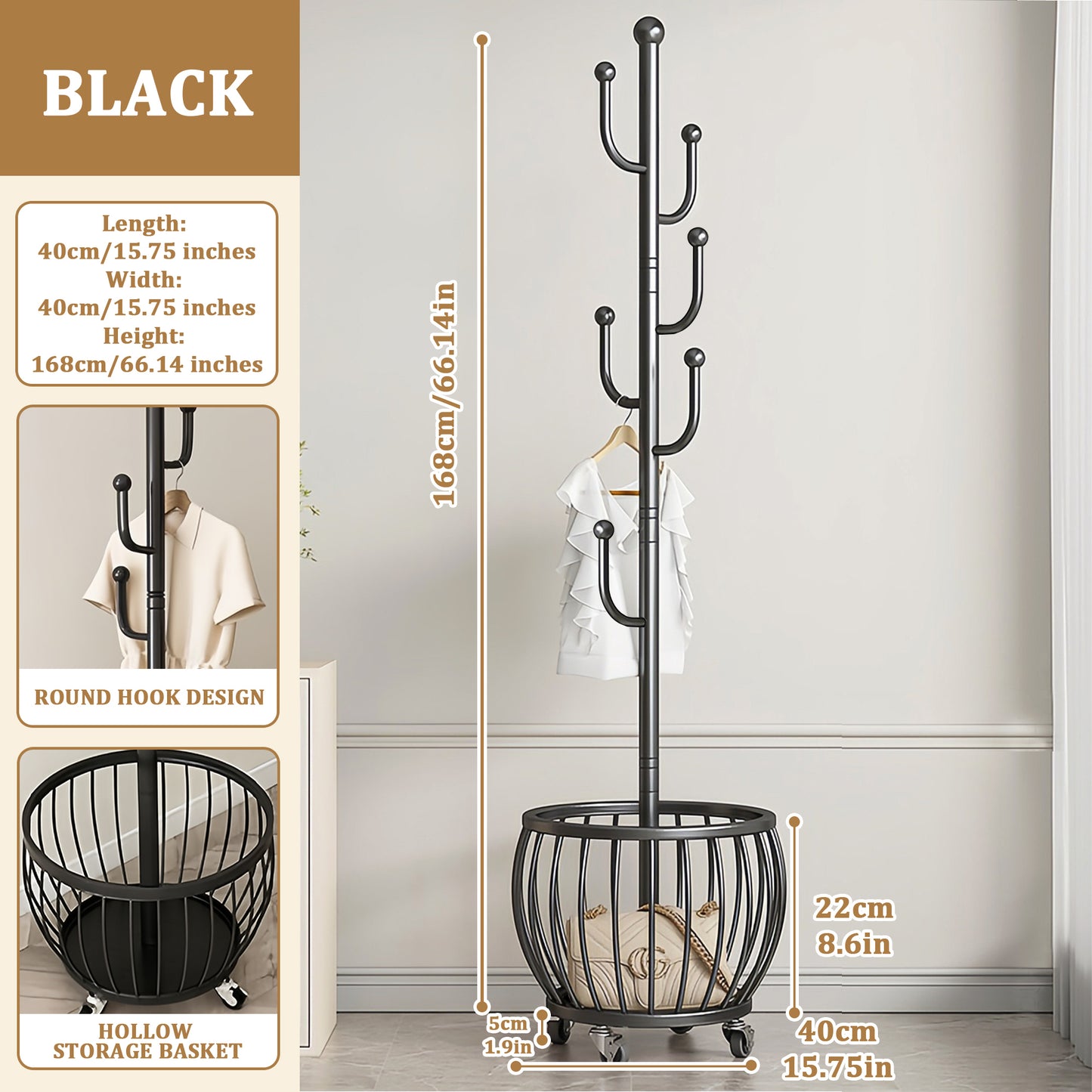 Freestanding Coat Rack with Locking Wheels for Organized Everyday Storage in Entryway detail image - detail view 12