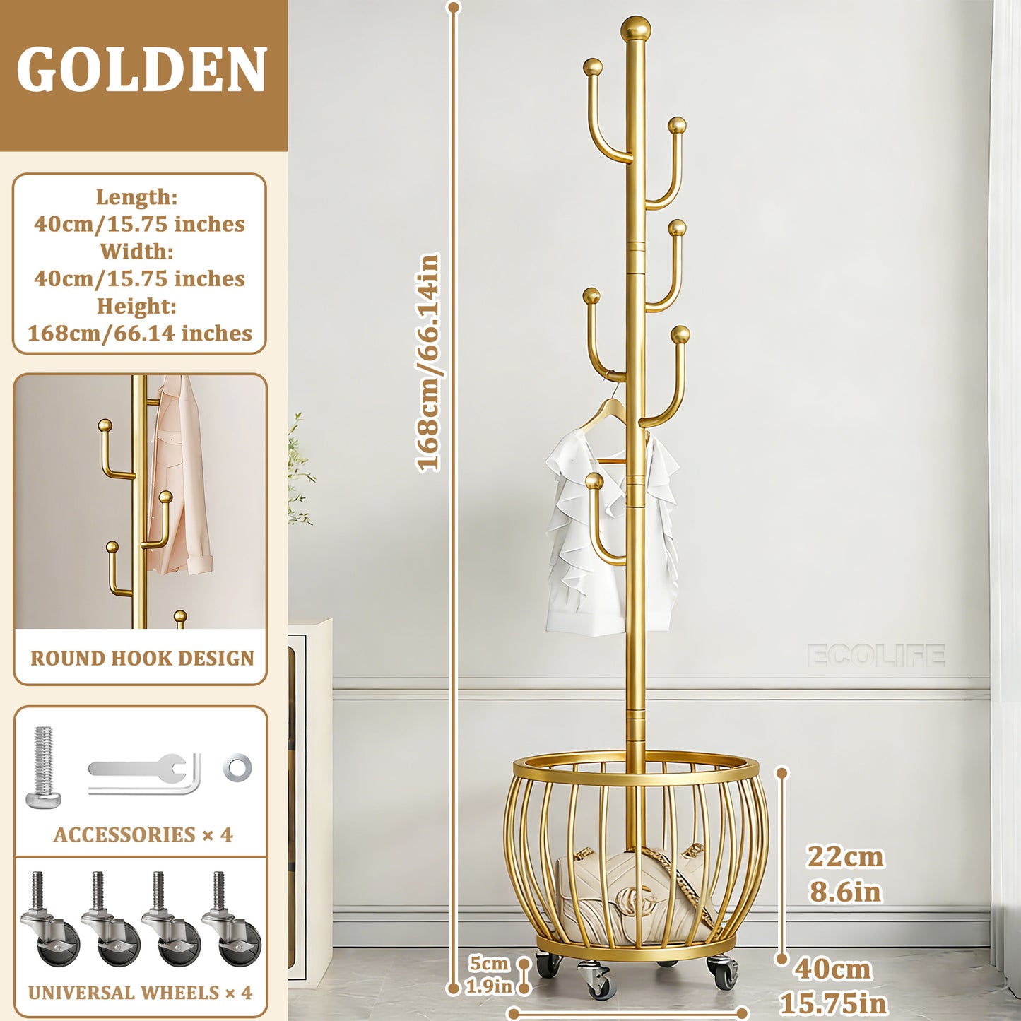 Coat Rack shown in the Golden - Storage Basket option