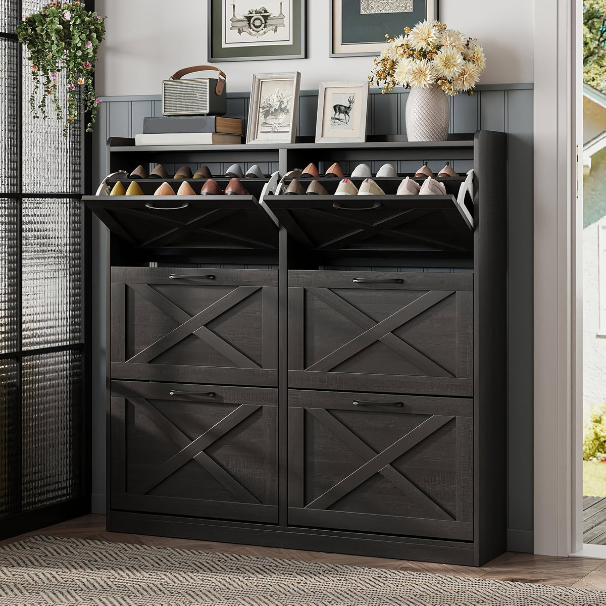 Shoe Cabinet shown in the Black, 6-Drawers option