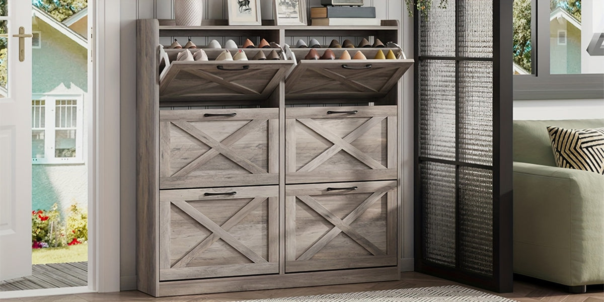 Freestanding Narrow Shoe Cabinet, Covered Shoe Storage for Entryway detail image - detail view 22