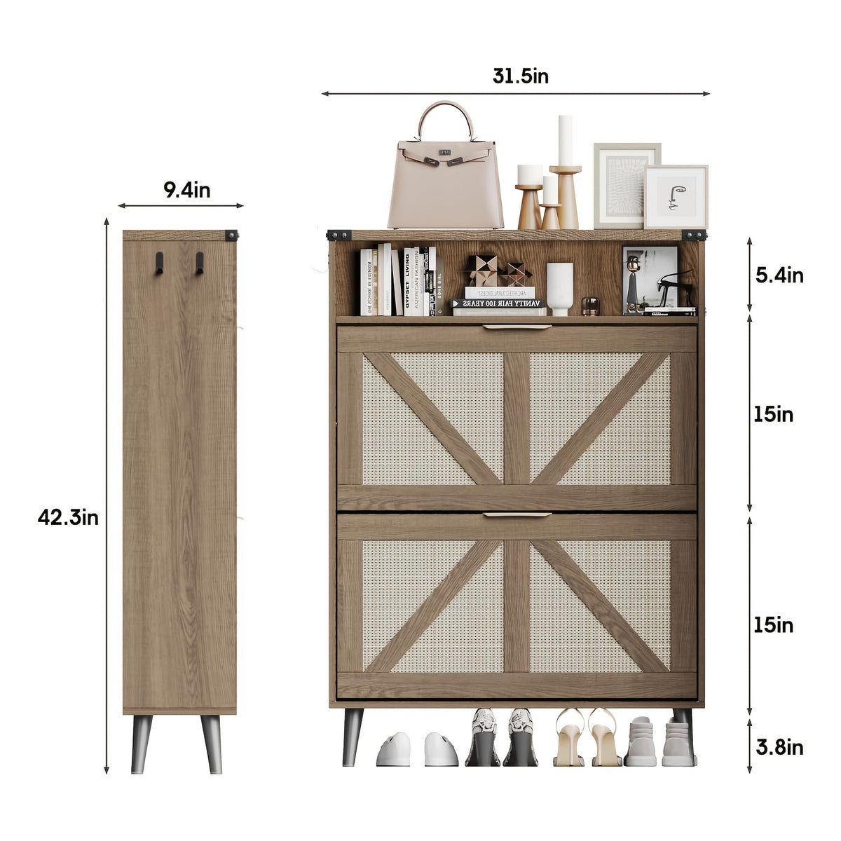Shoe Cabinet shown in the Rustic Oak Rattan 2-Drawer, 6-Drawers option