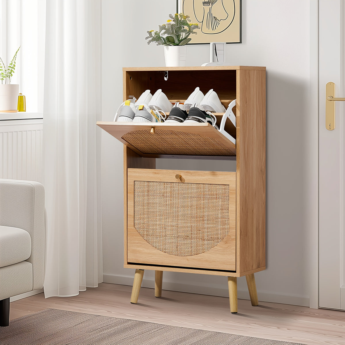 Shoe Storage Cabinet shown in the Natural wood 2-Door option