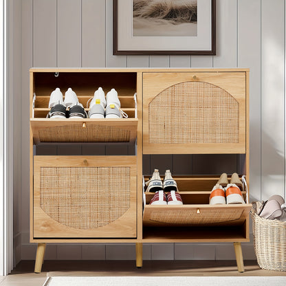 Shoe Storage Cabinet shown in the Natural wood 4-Door option
