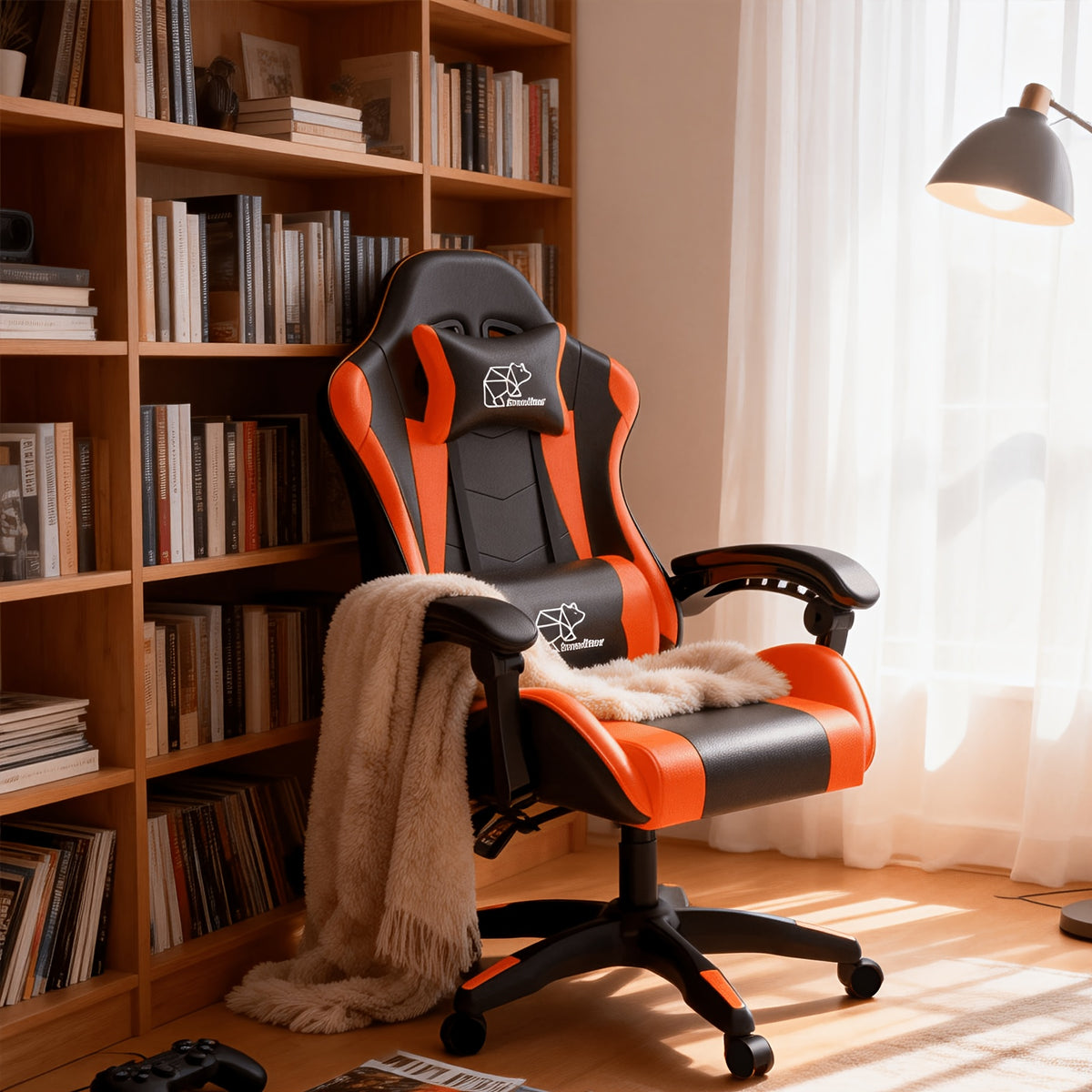 Gaming Chair shown in the No Footrest, Black and Orange option